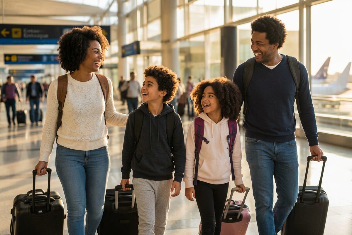 Família negra sorrindo no aeroporto com malas